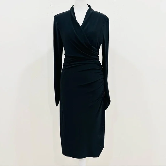 Lauren Ralph Lauren Black Matte Jersey Long Sleeve Faux Wrap Dress - Size 6 - Picture 3 of 12